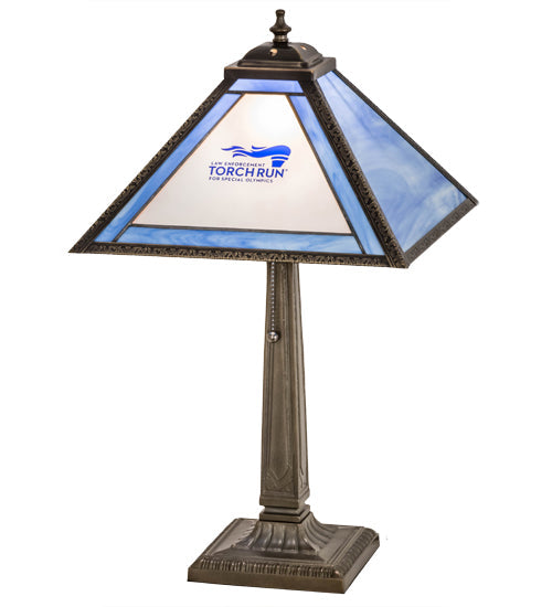 Meyda Lighting Personalized 23" Antique Brass Torch Run Table Lamp With Blue & Frosted Clear Shade Glass