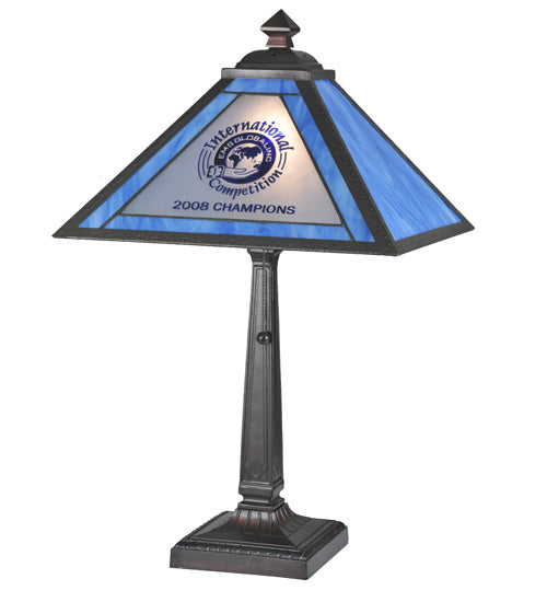 Meyda Lighting Personalized 23" Craftsman Brown EMS Global Inc Table Lamp With Blue & White Shade Glass