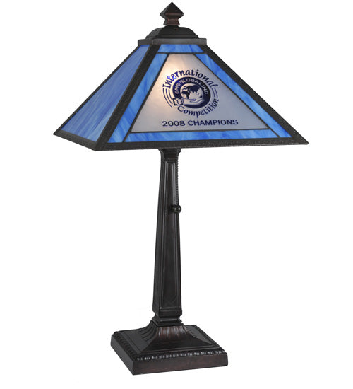 Meyda Lighting Personalized 23" Craftsman Brown EMS Global Inc Table Lamp With Blue & White Shade Glass