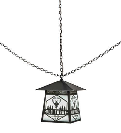 Meyda Lighting Personalized 23" Craftsman Brown Old Forge Fitness Pendant Light With White Rainyvue Shade Glass