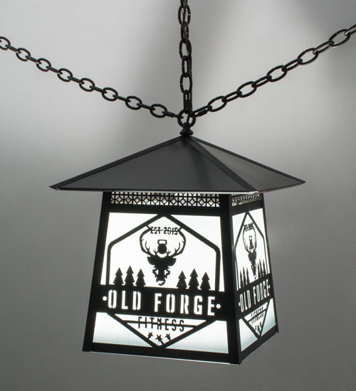 Meyda Lighting Personalized 23" Craftsman Brown Old Forge Fitness Pendant Light With White Rainyvue Shade Glass