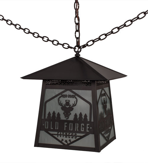 Meyda Lighting Personalized 23" Craftsman Brown Old Forge Fitness Pendant Light With White Rainyvue Shade Glass