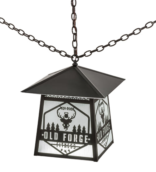 Meyda Lighting Personalized 23" Craftsman Brown Old Forge Fitness Pendant Light With White Rainyvue Shade Glass
