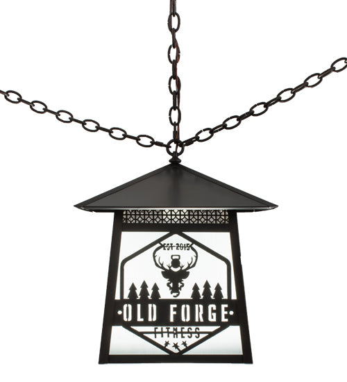 Meyda Lighting Personalized 23" Craftsman Brown Old Forge Fitness Pendant Light With White Rainyvue Shade Glass