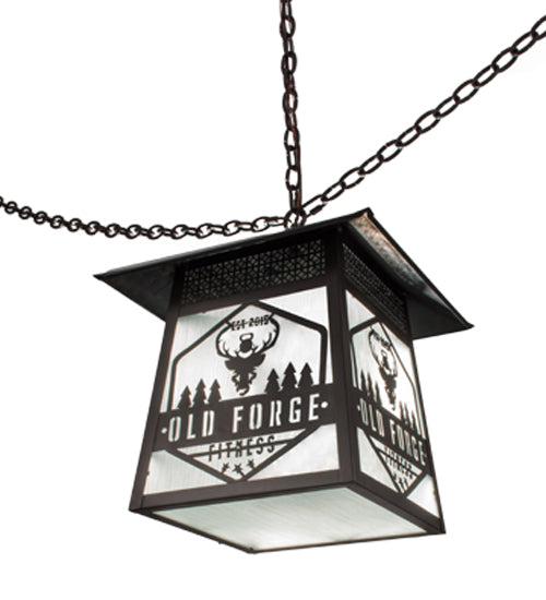 Meyda Lighting Personalized 23" Craftsman Brown Old Forge Fitness Pendant Light With White Rainyvue Shade Glass