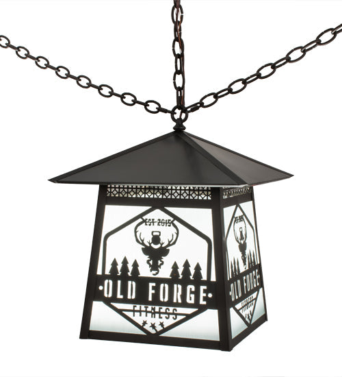 Meyda Lighting Personalized 23" Craftsman Brown Old Forge Fitness Pendant Light With White Rainyvue Shade Glass