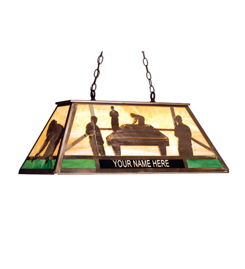 Meyda Lighting Personalized 33" Antique Copper Pool Hall Island Pendant Light With Green & Beige Shade Glass