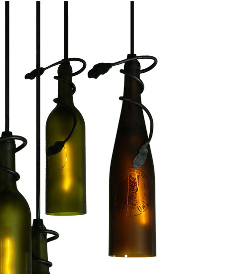 Meyda Lighting Personalized 36" 11-Light Black Thirsty Owl Cascading Pendant Light With Amber and Green Wine Bottle Shade Glass