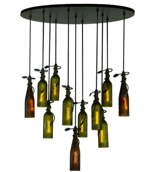 Meyda Lighting Personalized 36" 11-Light Black Thirsty Owl Cascading Pendant Light With Amber and Green Wine Bottle Shade Glass