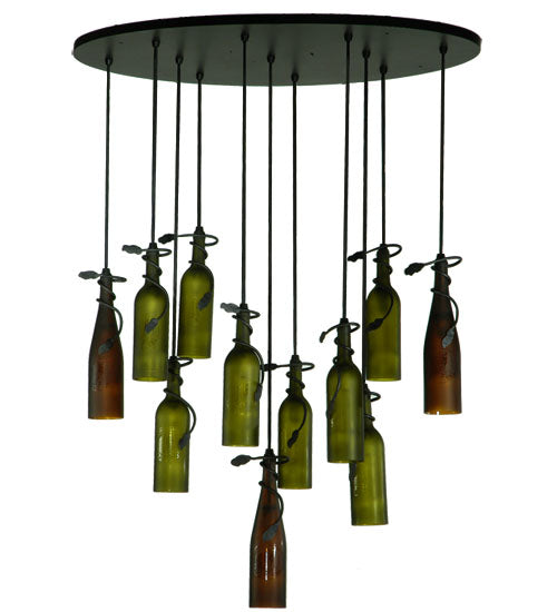 Meyda Lighting Personalized 36" 11-Light Black Thirsty Owl Cascading Pendant Light With Amber and Green Wine Bottle Shade Glass