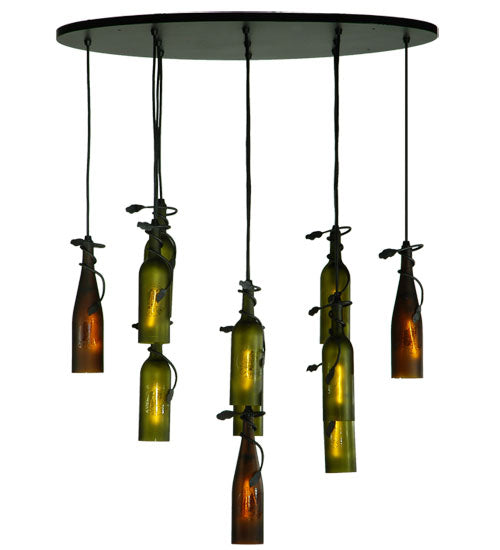 Meyda Lighting Personalized 36" 11-Light Black Thirsty Owl Cascading Pendant Light With Amber and Green Wine Bottle Shade Glass