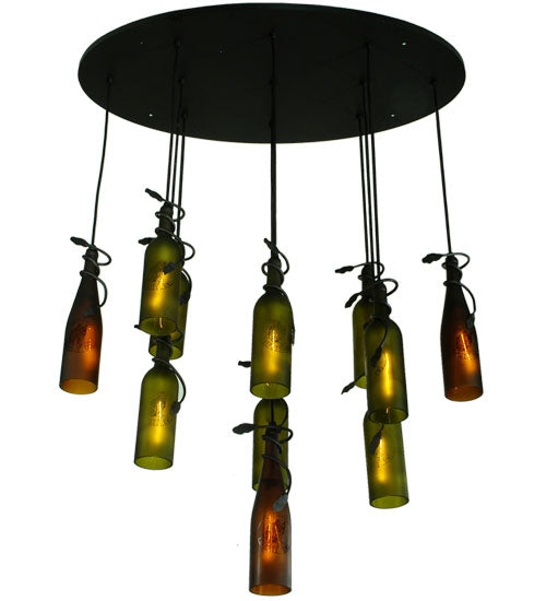 Meyda Lighting Personalized 36" 11-Light Black Thirsty Owl Cascading Pendant Light With Amber and Green Wine Bottle Shade Glass