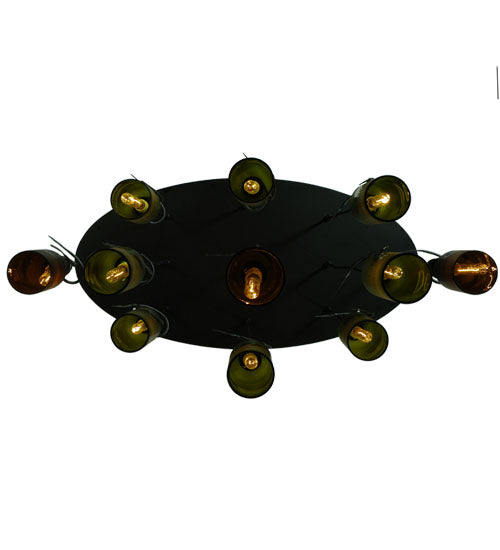 Meyda Lighting Personalized 36" 11-Light Black Thirsty Owl Cascading Pendant Light With Amber and Green Wine Bottle Shade Glass