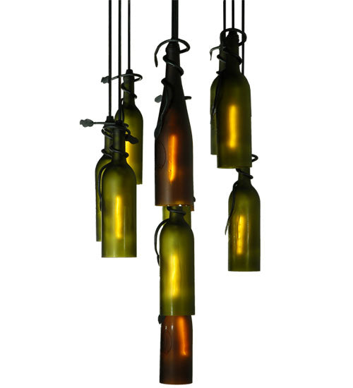 Meyda Lighting Personalized 36" 11-Light Black Thirsty Owl Cascading Pendant Light With Amber and Green Wine Bottle Shade Glass