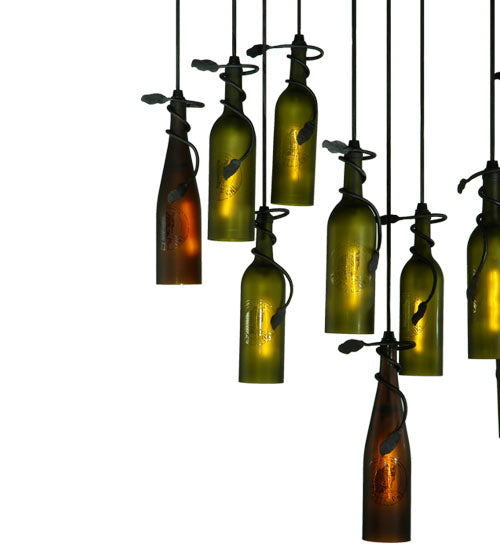 Meyda Lighting Personalized 36" 11-Light Black Thirsty Owl Cascading Pendant Light With Amber and Green Wine Bottle Shade Glass