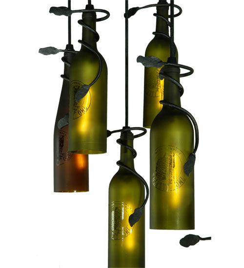 Meyda Lighting Personalized 36" 11-Light Black Thirsty Owl Cascading Pendant Light With Amber and Green Wine Bottle Shade Glass