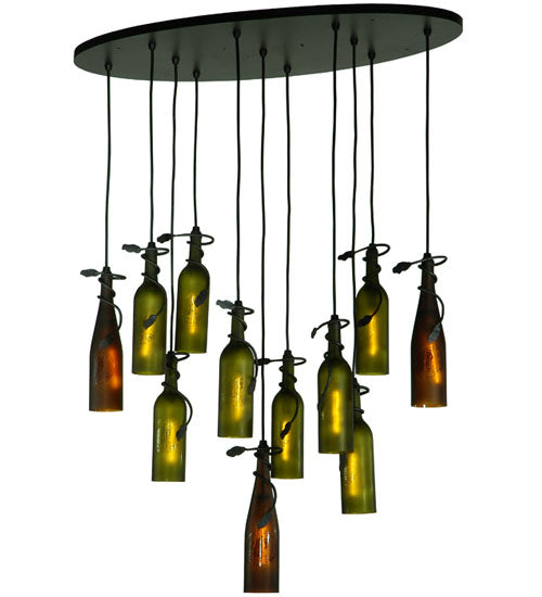 Meyda Lighting Personalized 36" 11-Light Black Thirsty Owl Cascading Pendant Light With Amber and Green Wine Bottle Shade Glass