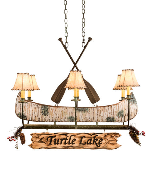 Meyda Lighting Personalized 36" 6-Light Tarnished Copper Chandelier With Brown Faux Leather Shade