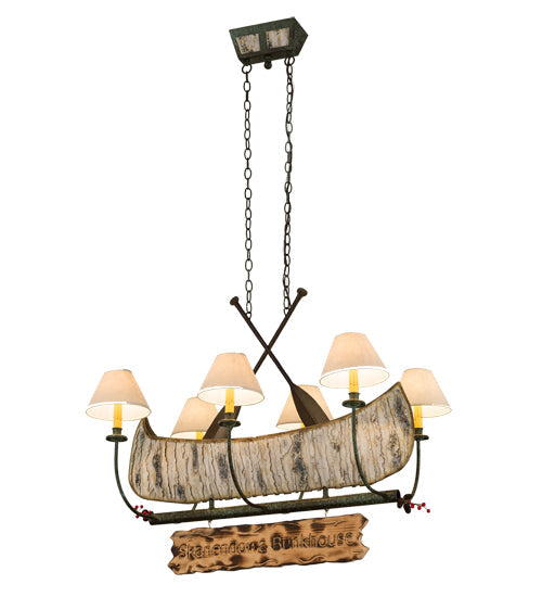 Meyda Lighting Personalized 37" 6-Light Natural Wood & Tarnished Copper Canoe Chandelier With Aged Celadon Beige Textrene Shade