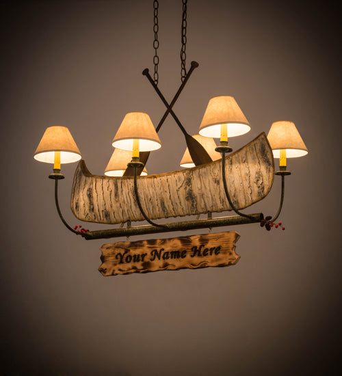 Meyda Lighting Personalized 37" 6-Light Natural Wood & Tarnished Copper Canoe Chandelier With Aged Celadon Beige Textrene Shade