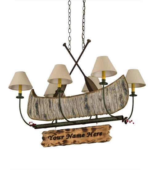 Meyda Lighting Personalized 37" 6-Light Natural Wood & Tarnished Copper Canoe Chandelier With Aged Celadon Beige Textrene Shade