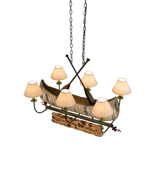 Meyda Lighting Personalized 37" 6-Light Natural Wood & Tarnished Copper Canoe Chandelier With Aged Celadon Beige Textrene Shade