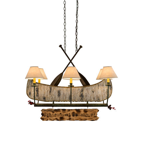 Meyda Lighting Personalized 37" 6-Light Natural Wood & Tarnished Copper Canoe Chandelier With Aged Celadon Beige Textrene Shade