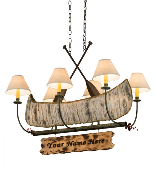 Meyda Lighting Personalized 37" 6-Light Natural Wood & Tarnished Copper Canoe Chandelier With Aged Celadon Beige Textrene Shade