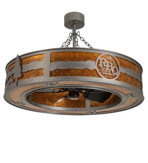 Meyda Lighting Personalized 44" 16-Light Natural Iron RBQ Chandelier With Amber Mica Shade Glass and Fan