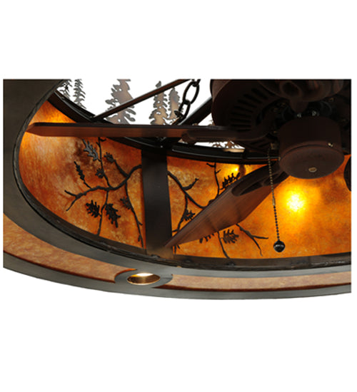 Meyda Lighting Personalized 44" 20-Light Burnished Antique Copper Black Dog Lodge Chandelier With Amber Mica Shade and Fan