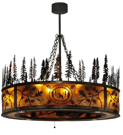 Meyda Lighting Personalized 44" 20-Light Burnished Antique Copper Black Dog Lodge Chandelier With Amber Mica Shade and Fan