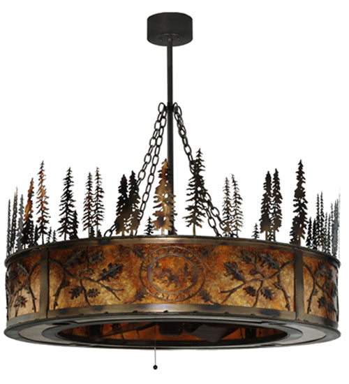 Meyda Lighting Personalized 44" 20-Light Burnished Antique Copper Black Dog Lodge Chandelier With Amber Mica Shade and Fan