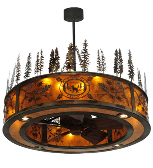 Meyda Lighting Personalized 44" 20-Light Burnished Antique Copper Black Dog Lodge Chandelier With Amber Mica Shade and Fan