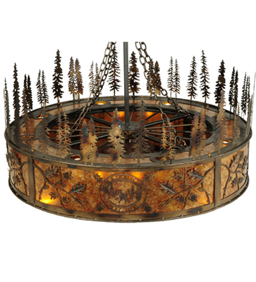 Meyda Lighting Personalized 44" 20-Light Burnished Antique Copper Black Dog Lodge Chandelier With Amber Mica Shade and Fan