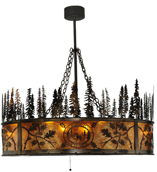 Meyda Lighting Personalized 44" 20-Light Burnished Antique Copper Black Dog Lodge Chandelier With Amber Mica Shade and Fan