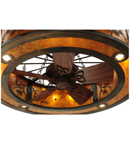 Meyda Lighting Personalized 44" 20-Light Burnished Antique Copper Black Dog Lodge Chandelier With Amber Mica Shade and Fan