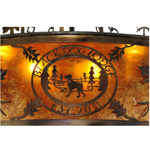 Meyda Lighting Personalized 44" 20-Light Burnished Antique Copper Black Dog Lodge Chandelier With Amber Mica Shade and Fan