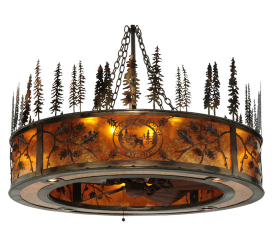 Meyda Lighting Personalized 44" 20-Light Burnished Antique Copper Black Dog Lodge Chandelier With Amber Mica Shade and Fan