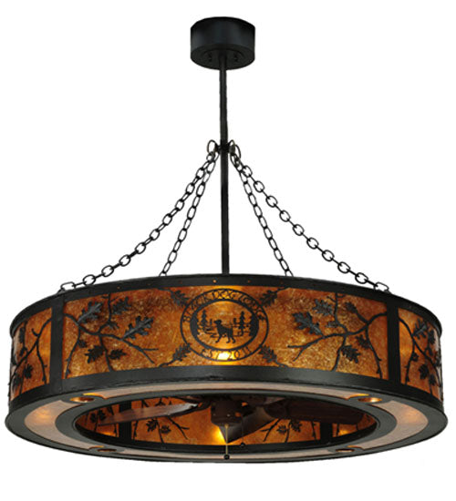 Meyda Lighting Personalized 44" 8-Light Textured Black Black Dog Lodge Chandelier With Amber Mica Shade Glass and Fan