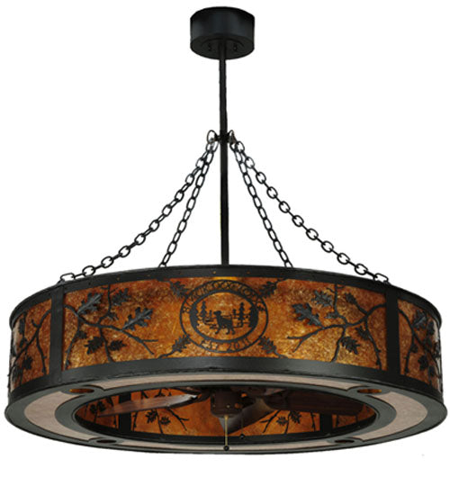 Meyda Lighting Personalized 44" 8-Light Textured Black Black Dog Lodge Chandelier With Amber Mica Shade Glass and Fan