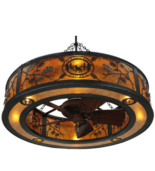 Meyda Lighting Personalized 44" 8-Light Textured Black Black Dog Lodge Chandelier With Amber Mica Shade Glass and Fan