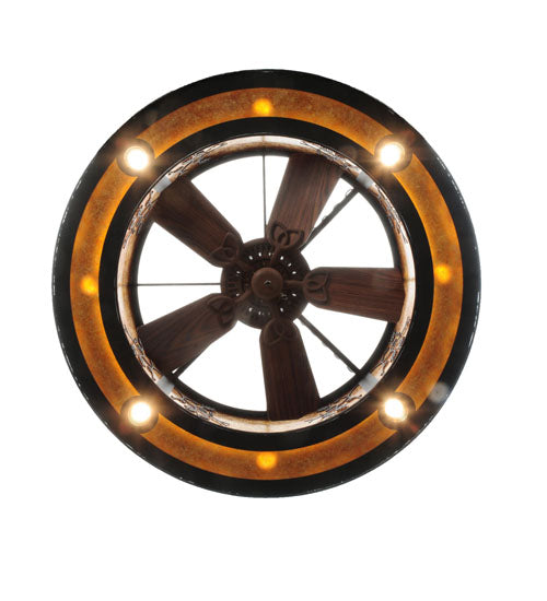 Meyda Lighting Personalized 44" 8-Light Textured Black Black Dog Lodge Chandelier With Amber Mica Shade Glass and Fan
