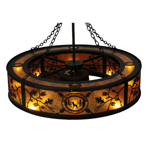 Meyda Lighting Personalized 44" 8-Light Textured Black Black Dog Lodge Chandelier With Amber Mica Shade Glass and Fan