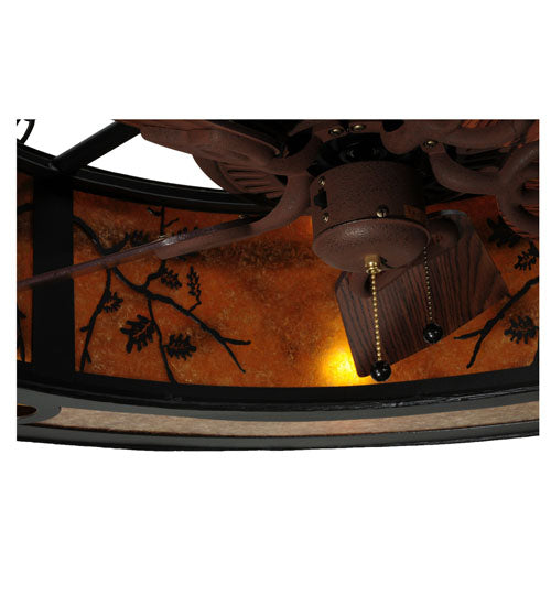 Meyda Lighting Personalized 44" 8-Light Textured Black Black Dog Lodge Chandelier With Amber Mica Shade Glass and Fan