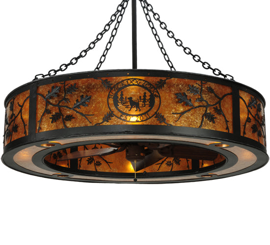 Meyda Lighting Personalized 44" 8-Light Textured Black Black Dog Lodge Chandelier With Amber Mica Shade Glass and Fan