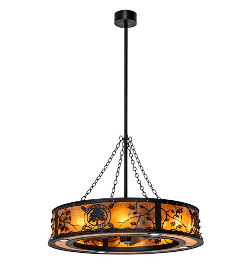 Meyda Lighting Personalized 45" 12-Light Textured Black Diversion Lake Chandelier With Amber Mica Shade Glass and Fan