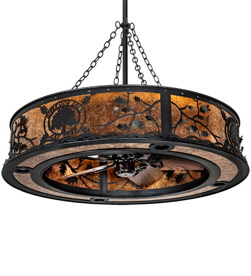 Meyda Lighting Personalized 45" 12-Light Textured Black Diversion Lake Chandelier With Amber Mica Shade Glass and Fan