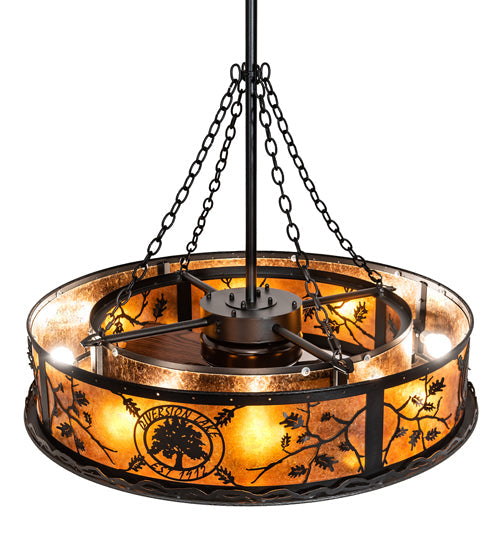 Meyda Lighting Personalized 45" 12-Light Textured Black Diversion Lake Chandelier With Amber Mica Shade Glass and Fan