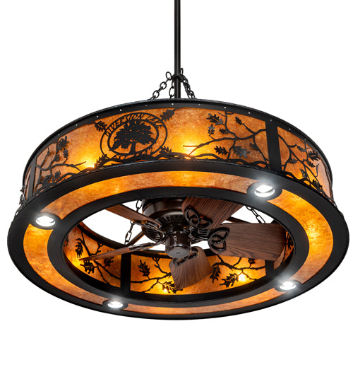 Meyda Lighting Personalized 45" 12-Light Textured Black Diversion Lake Chandelier With Amber Mica Shade Glass and Fan