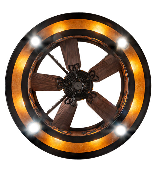 Meyda Lighting Personalized 45" 12-Light Textured Black Diversion Lake Chandelier With Amber Mica Shade Glass and Fan